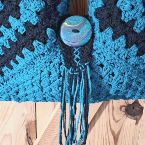 Hand Crafted Crochet Bag Hobo Purse Tote Three Granny Square Cotton Teal Black - Picture 9 of 14